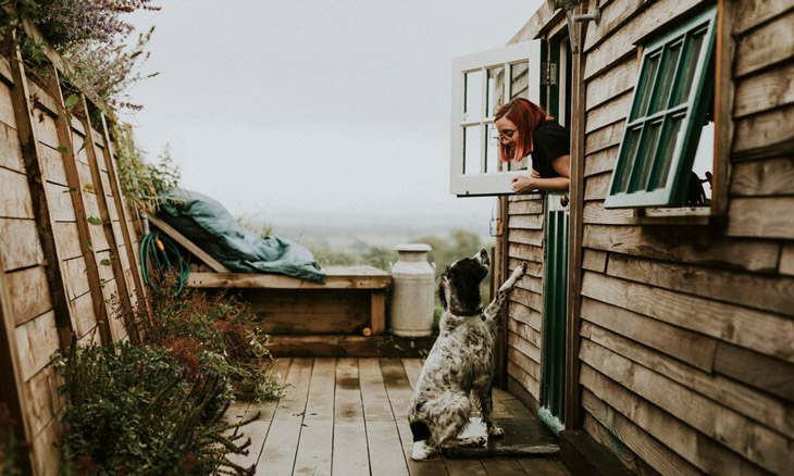 Девушка выглядывает из окна деревянного дома